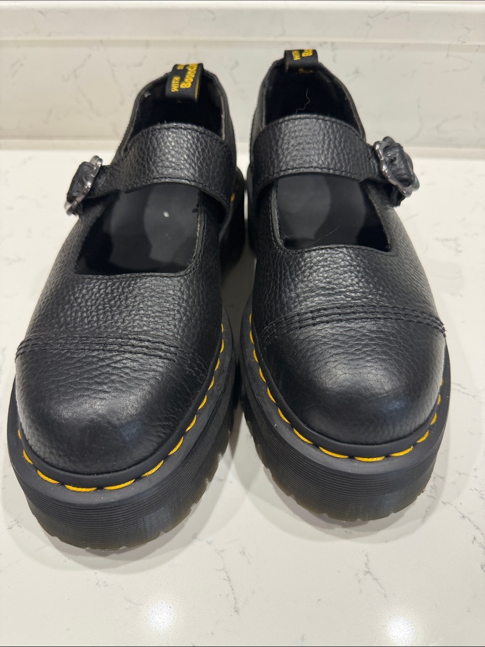 Dr. Martens Black Mary Jane Platform Shoes with Floral Buckle - Picture 2 of 7